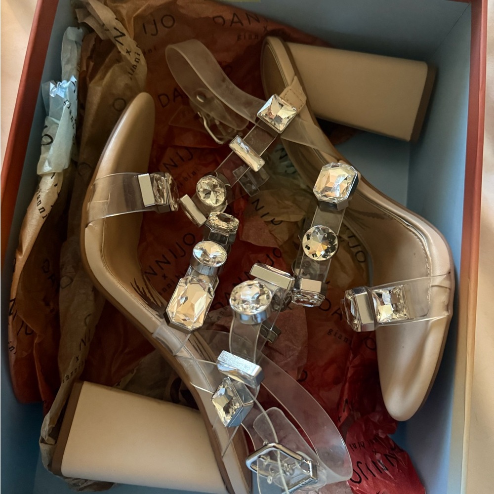 Gianni Bini Nude/Clear Gemstone Block Heel Sandals